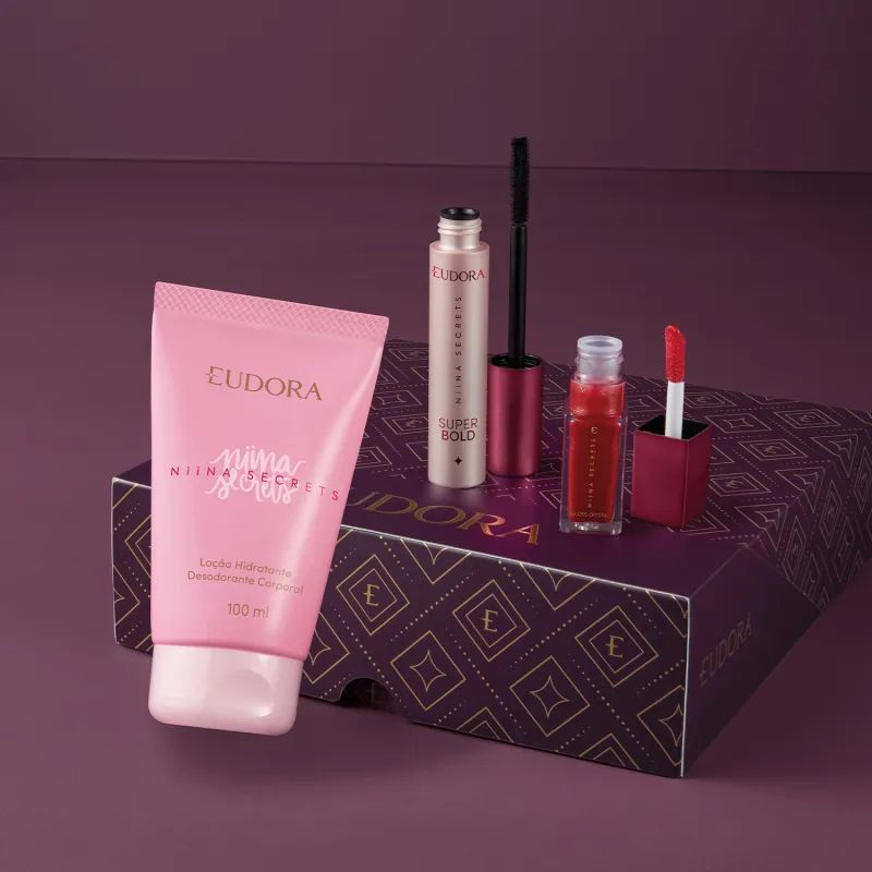 Kit Presente Niina Secrets Eudora(Locao Ilumin Hid Corp 100ml+Gloss Crystal7ml+Mascara Cilios10g Super Bold) ORIGINAL