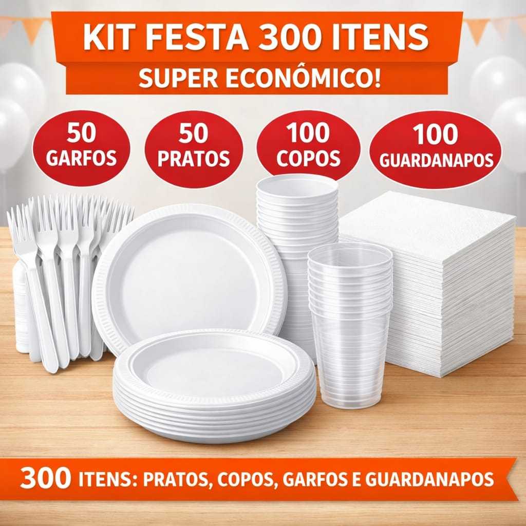 Kit Festa Descartáveis 250 • 300 • 400 • 800 Itens  | Pratos, Copos, Garfos e Guardanapos