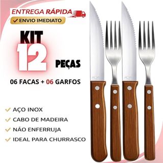 Jogo 12 ou 6 Peças Talheres Para Churrasco Jumbo Wooden Faca Outback Garfo cabo De Madeira  Aço Inox
