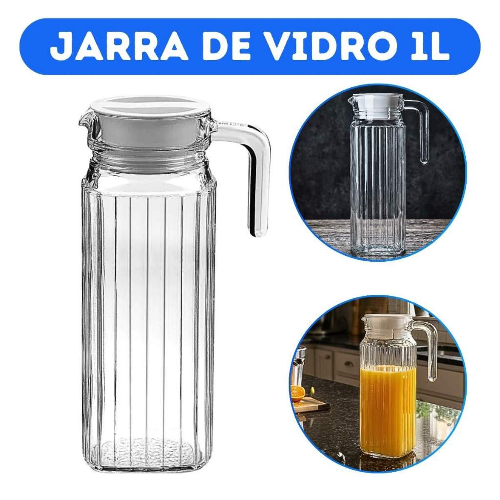 Jarra De Vidro Para Mesa C/ Tampa Transparente Água e Suco 1 Litro