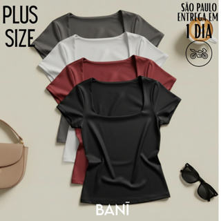 Blusa Decote Quadrado Plus Size 44 ao 52 Suplex Manga Curta T-shirt Feminina Babylook Básico Casual em Oferta na Shopee
