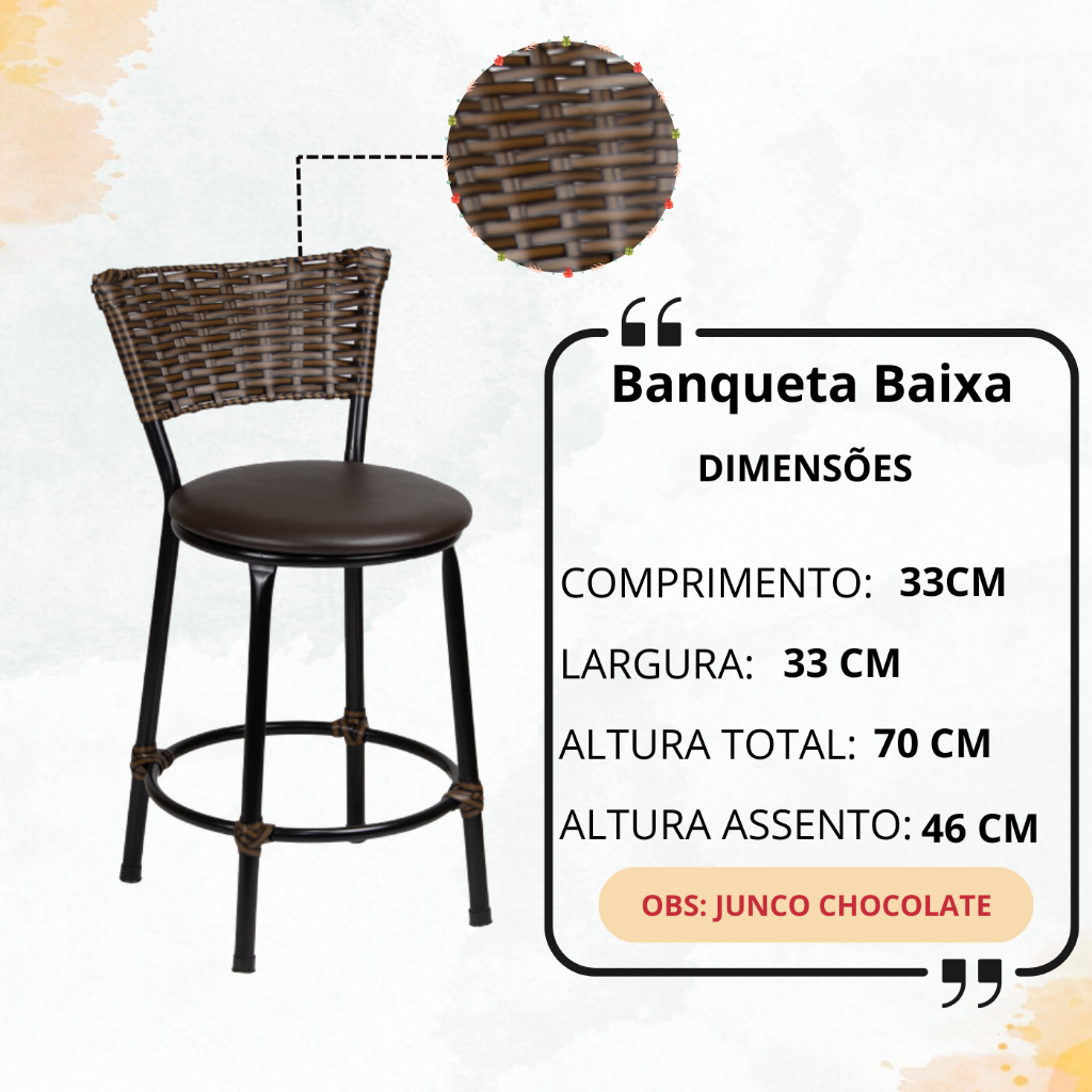 Detalhes do Kit 3 Banquetas Baixa Junco Chocolate Bar Cozinha Americana Fibra Sintetica