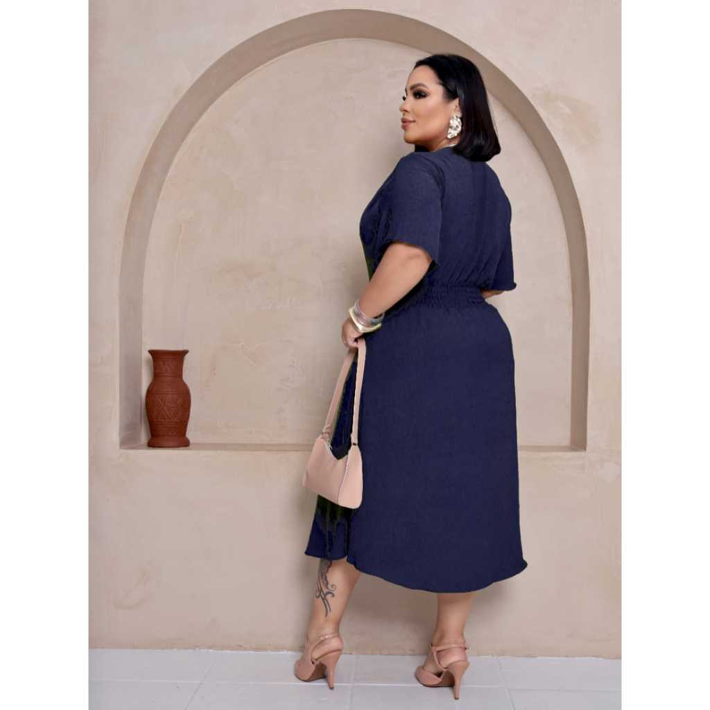 Detalhes do Vestido Feminino Midi Plus Size Com BOTÃO no Busto e com Lastex nas Costas e Bolsos Funcionais