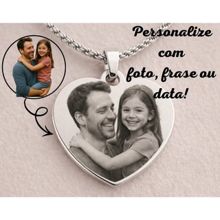Colar de Coração Prata Personalizado a Laser com Foto, Frase, Simbolo, Iniciais, Data.