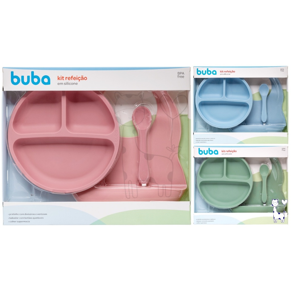 Kit Refeição Bebê Buba Silicone Prato Ventosa Babador Colher Introdução Alimentar BLW