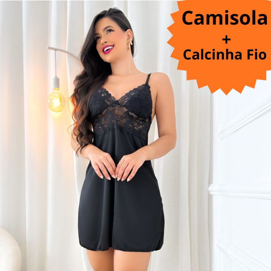 Camisola Com Renda Sensual + Calcinha Fio Pijama Baby Doll