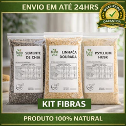 KIT FIBRAS PSYLLIUM HUSK, SEMENTE DE CHIA E SEMENTE DE LINHAÇA DOURADA PRODUTO NATURAL - FUNN VITA