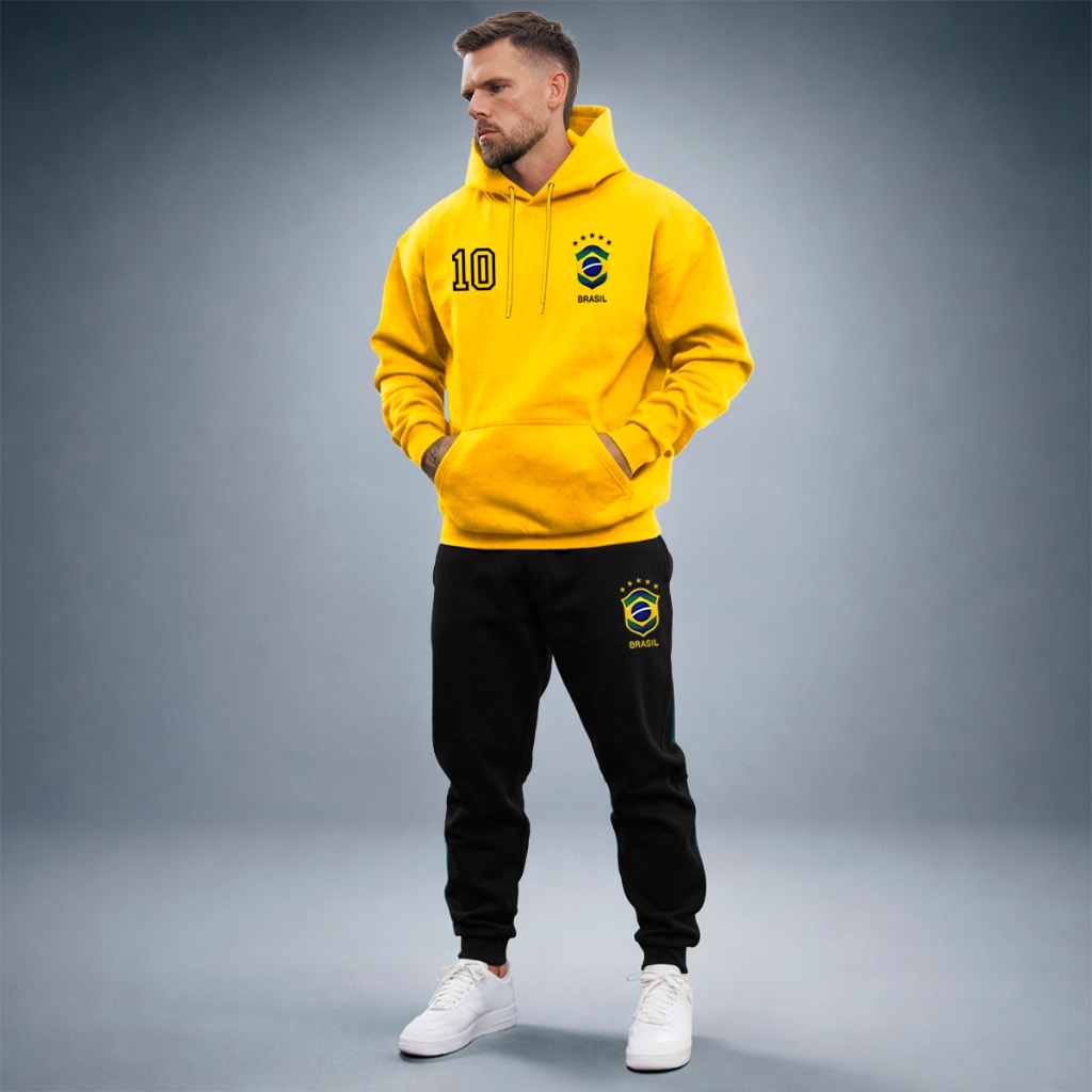 Conjunto Calça E Blusa Moletom Brasil Seleção Capuz Bolso Algodão Flanelado Quentinho Copa Do Mundo