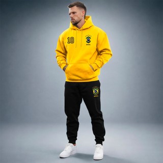 Conjunto Calça E Blusa Moletom Brasil Seleção Capuz Bolso Algodão Flanelado Quentinho Copa Do Mundo