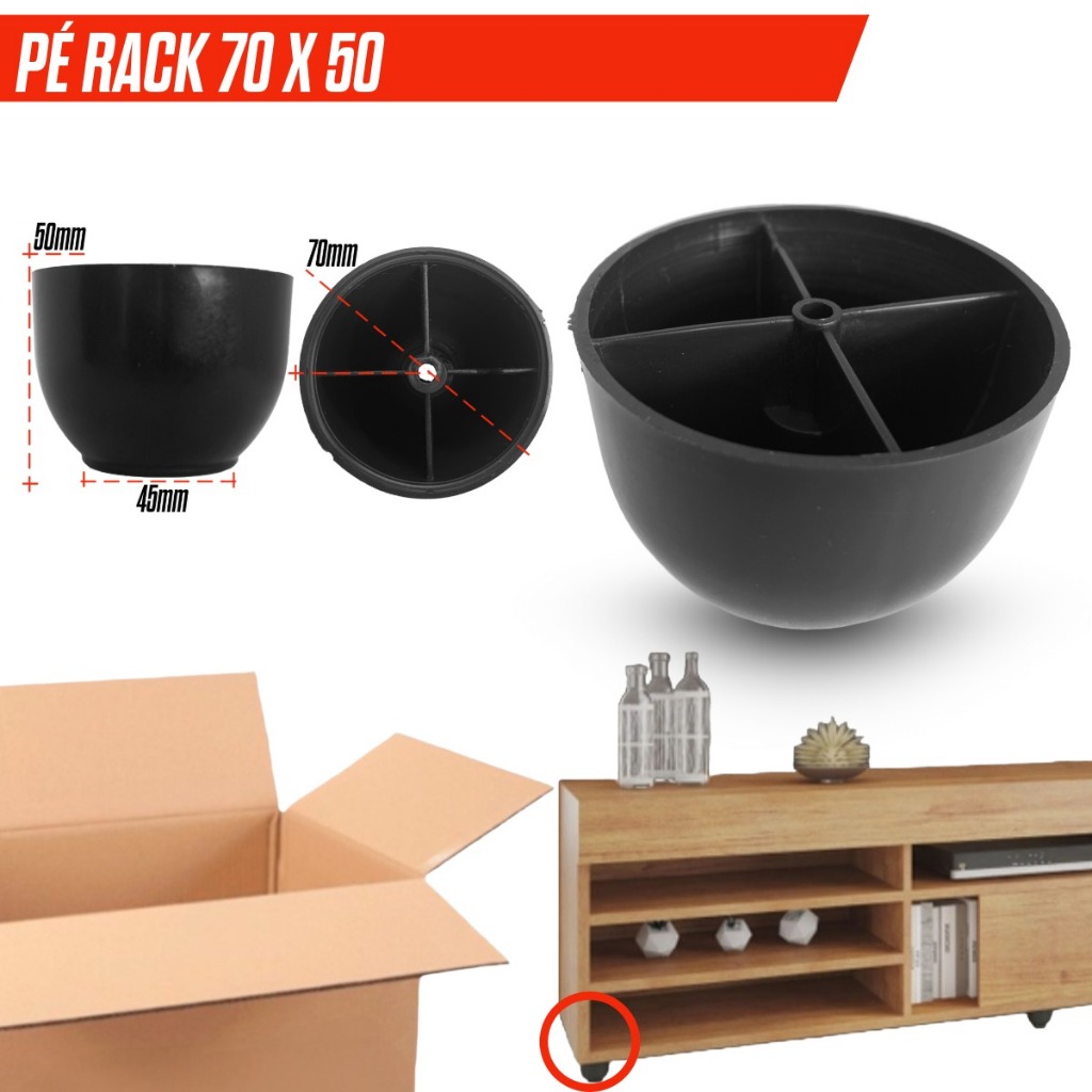 Kit 12 Pé Rack 70x50mm Preto Para Móveis TV Sala Buffet Estante Sapata Pezinho Reforçado Resistente