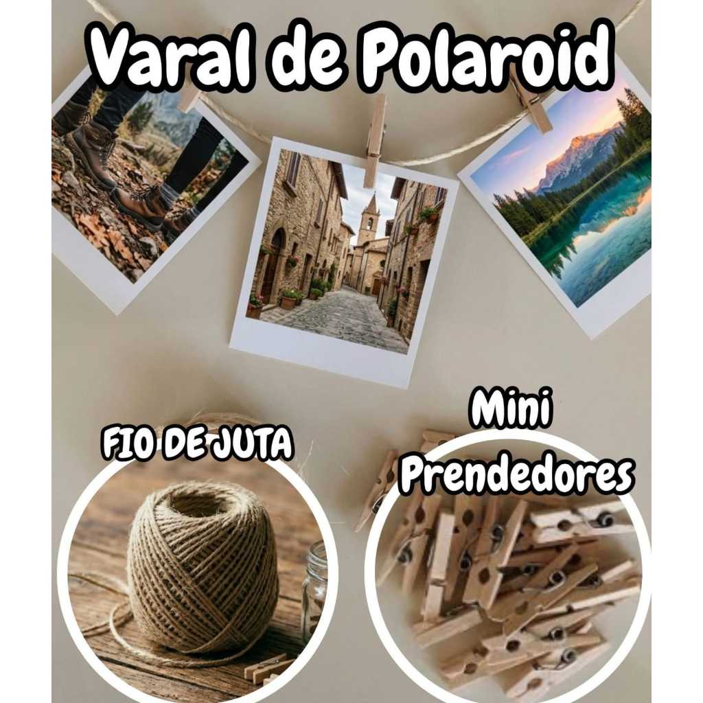 KIT VARAL DE POLAROID - FIO DE JUTA  + MINI PRENDEDORES - Momentos que Viram Arte, para Decoracão/ ENVIO IMEDIATO