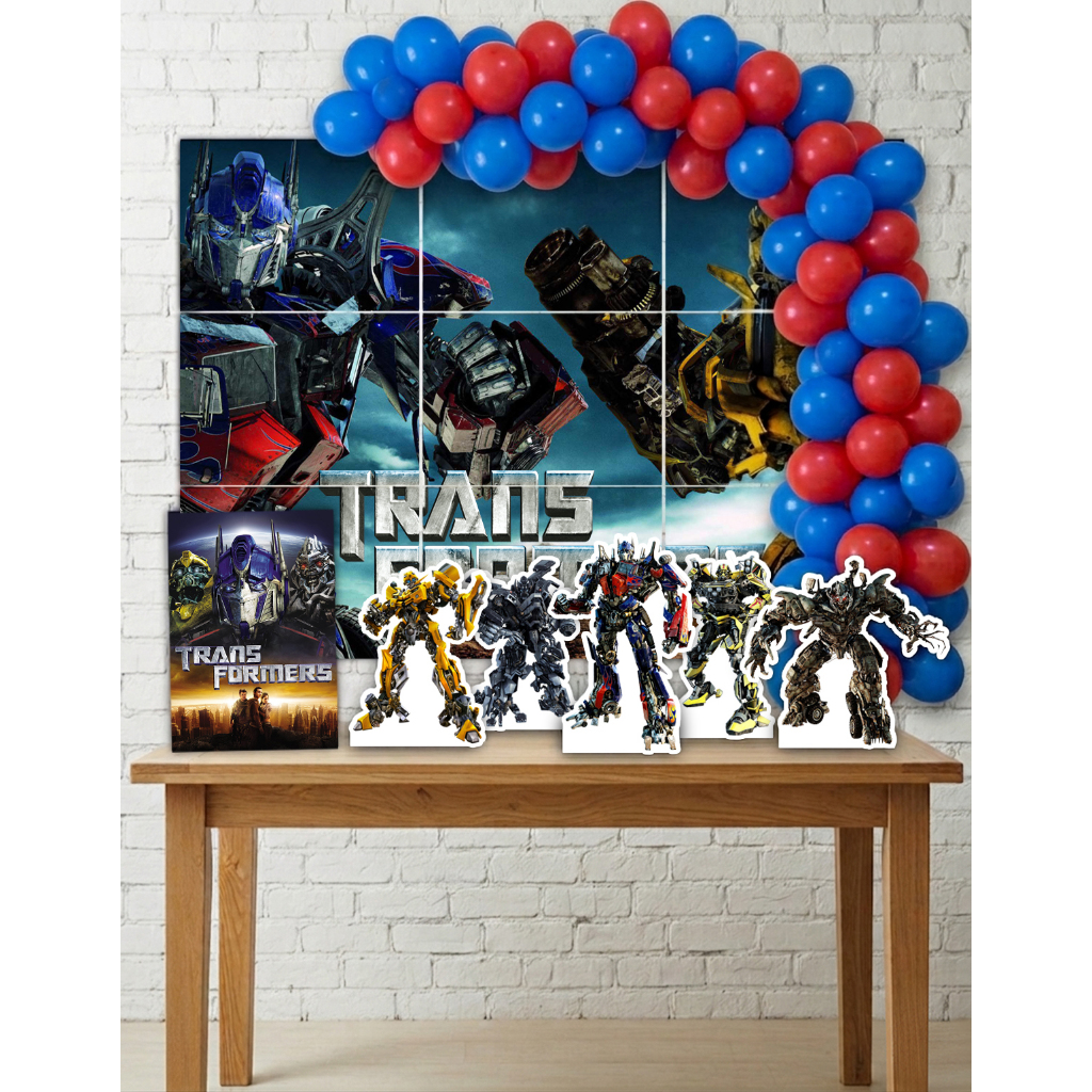 Kit Decoração Festa Infantil Painel + 5 Displays de mesa + 50 Bexigas - Transformers