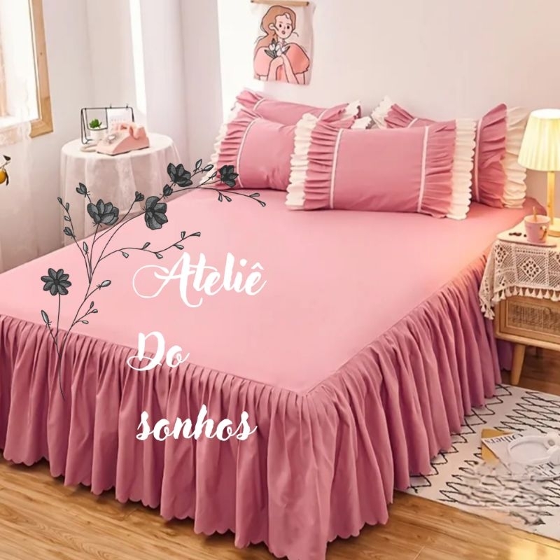 KIT Lençol de Cima com Babado COLCHA COBRE LEITO LIZ CASAL QUEEN ENXOVAL PARA QUARTO LINDO LUXO