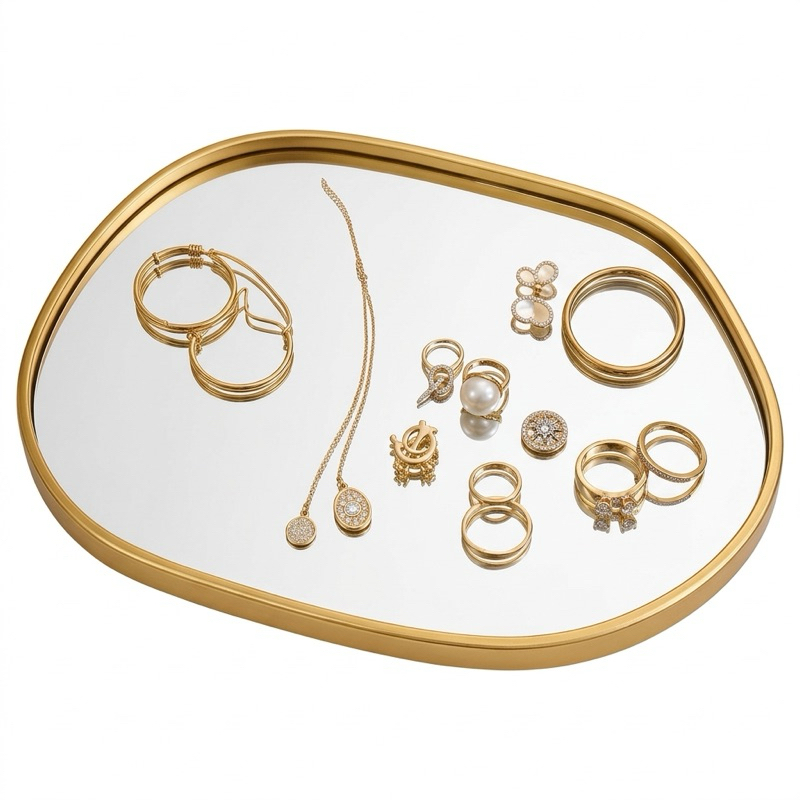 BANDEJA ORGANICA ESPELHADA DECORATIVA MULTIUSO BANHEIRO LAVABO SALA PRETO DOURADO