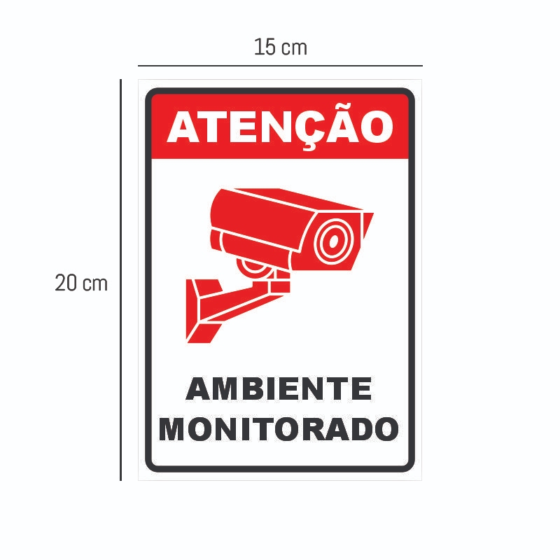 Placa Atenção Ambiente Monitorado | Segurança Câmeras | Sinalização | Pvc 2mm | 15x20cm | Vigilância 24h