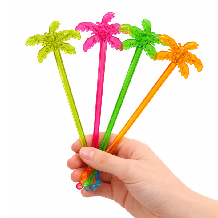 Kit 12 Mexedores Enfeite Coqueiro para Drink e Bebidas Neon – Decoração Tropical para Festa
