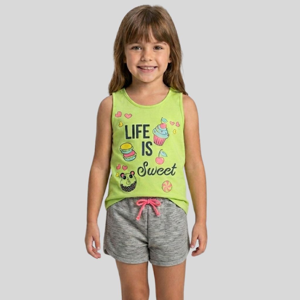 Conjunto Infantil Feminino Verão Regata Meia Malha 100% Algodão Estampada Shorts Moletinho Confortável Casual Dia a Dia