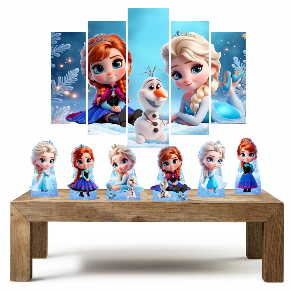 Frozen Cute kit com 1 quadro mosaico + 6 totens de mesa em mdf decoração para festa