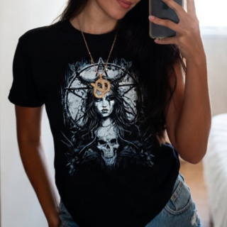 Camiseta Feminina Gótico Satânico Caveira Pentagrama Básica Slim Algodão Y2k Unissex em Oferta na Shopee