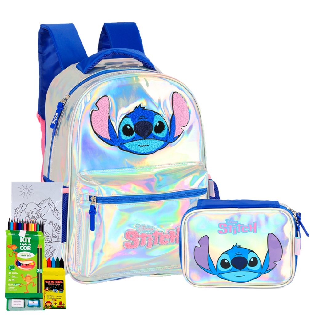 Kit Mochila Meninas Estojo Brilho Stitch Disney Lançamento Holográfico Infantil Luxcel Nova Coleção