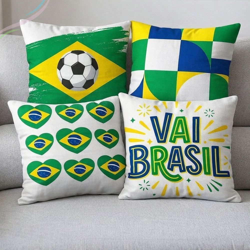 Kit 4 Capas de Almofada Brasil Futebol Copa do Mundo 45x45 Microfibra Macia Antialérgica Com Zíper Invisível