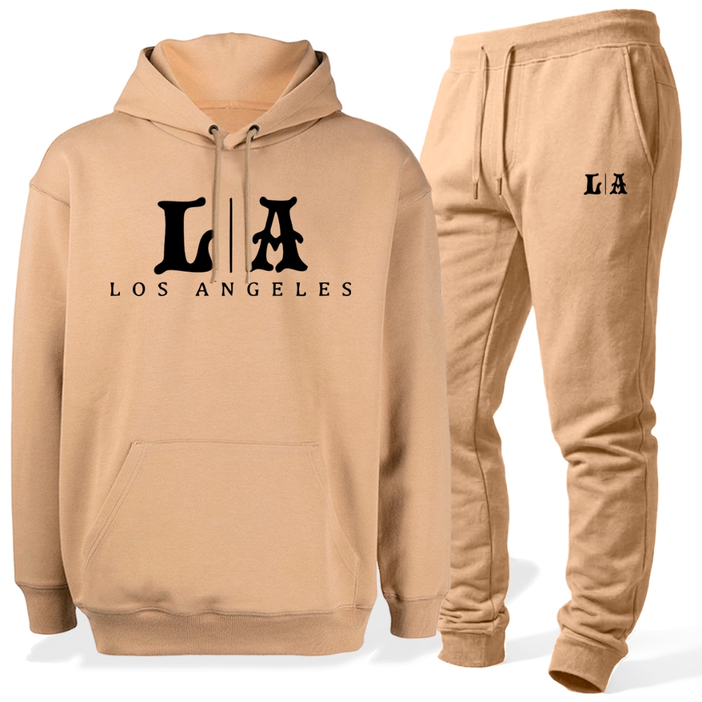 Conjunto Moletom LA Estampado Calça Jogger Blusa Canguru Capuz Bolso Flanelado Quentinho E Casual