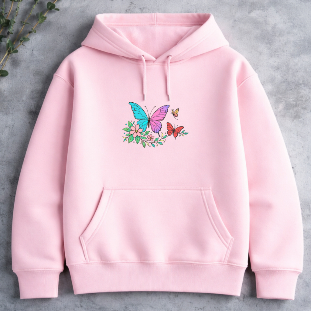 Moletom Feminino Canguru Borboleta Estampada Flanelado Casual Inverno Envio Rápido Blusa de Frio