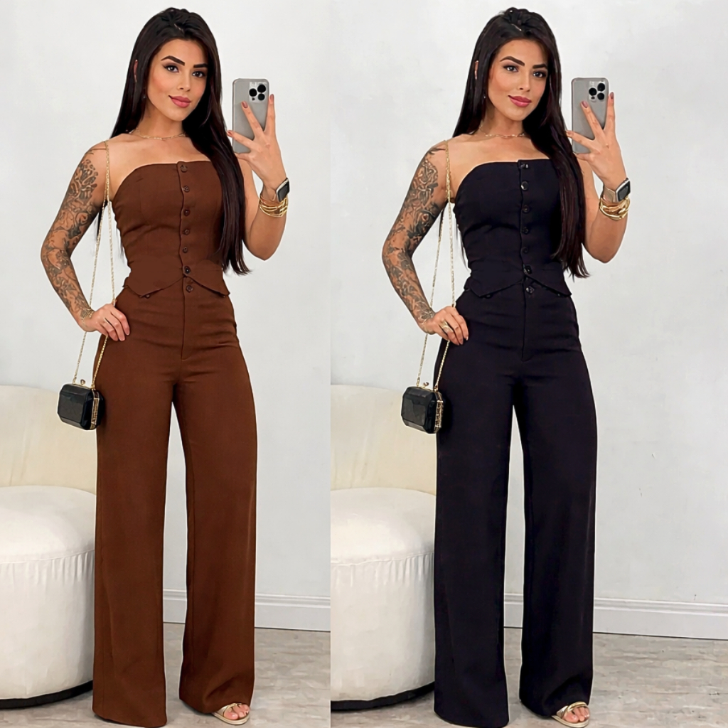 Conjunto Alfaiataria Cropped Tomara que Caia Social Elegante Calça Pantalona Blusa Elástico Lastex Botão Verão Feminino