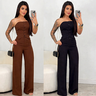 Conjunto Alfaiataria Cropped Tomara que Caia Social Elegante Calça Pantalona Blusa Elástico Lastex Botão Verão Feminino em Oferta na Shopee