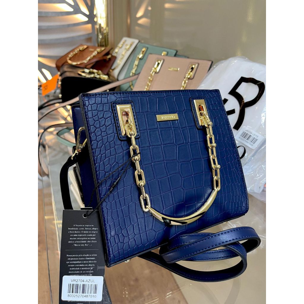 Bolsa Feminina Couro Croco Veryrio Alça Corrente de Mão e Transversal Média Luxuosa Elegante