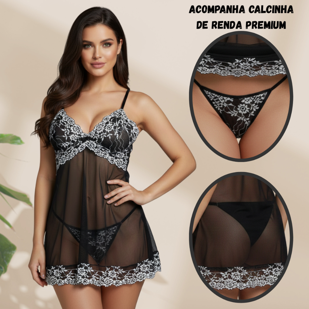 Camisola de Tule Com Calcinha Fio Renda Sexy Ajustável Feminina Pijama LingerieTransparente Sem Bojo