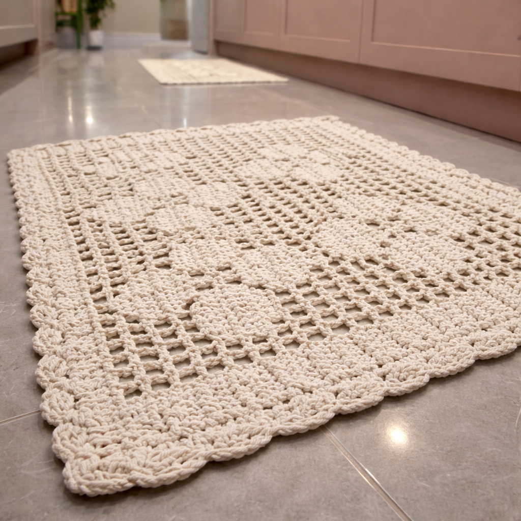 Par Tapetes Crochê Artesanal 60x40cm Decorativo Rosas Bege/Natural 100% Algodão Quarto Sala