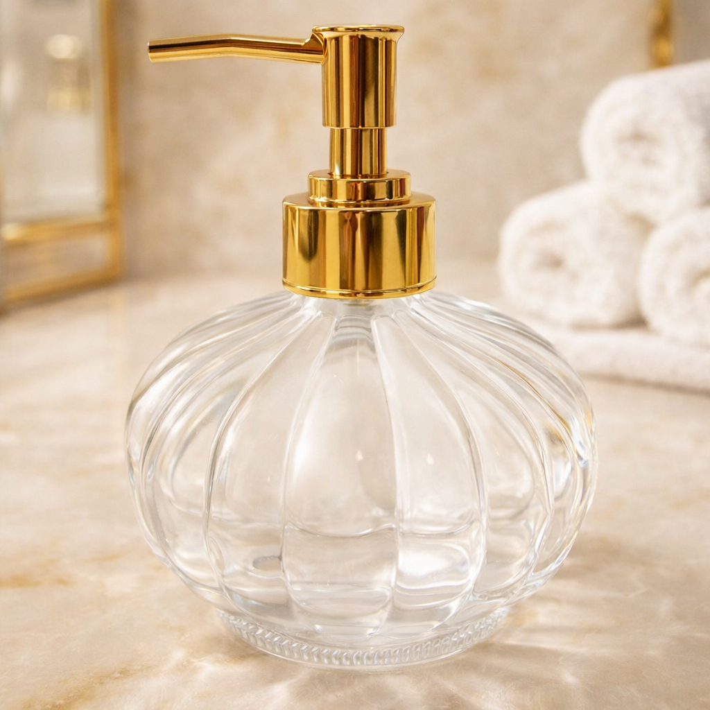 Saboneteira em Vidro Dijon 230ml com Valvula Luxo Cromada Dourada, Prata ou Rose Gold