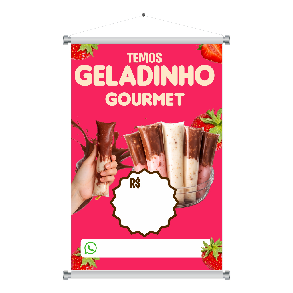 Banner Geladinho Geladão Gourmet Gelinho Sacolé Juju Placa para Portão c/ Cordinha Prova d Agua m12