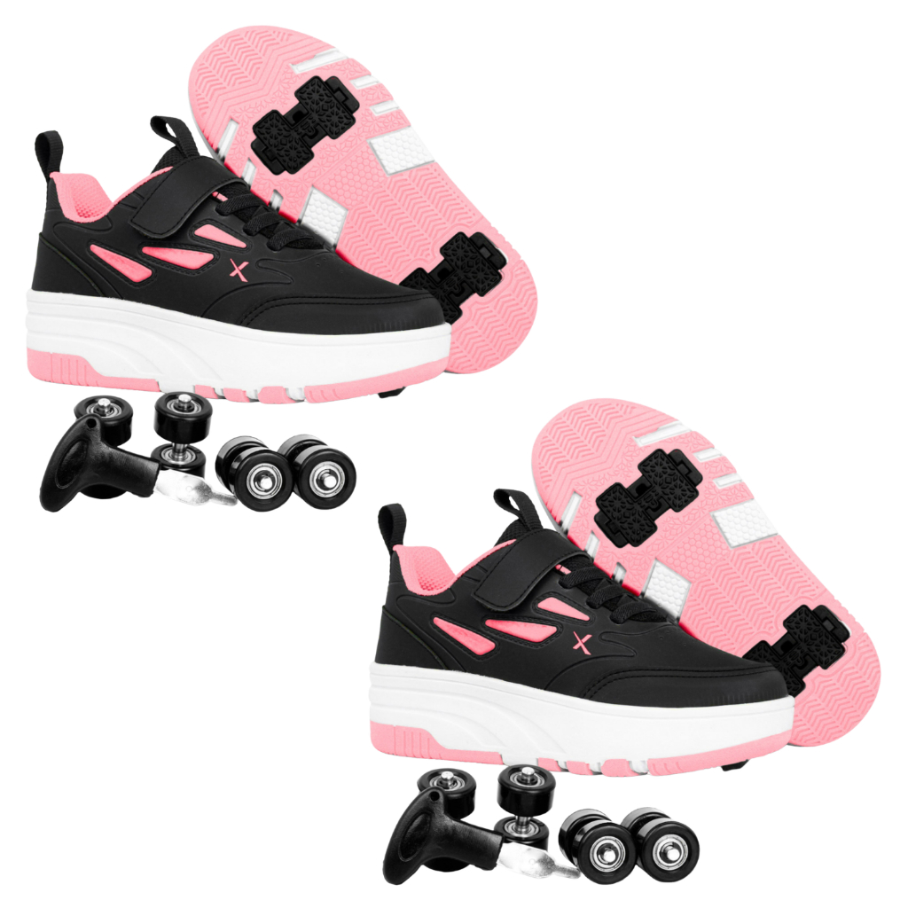 Kit 2x Tenis de Rodinha com 4 rodinhas removíveis Infantil Menina skate Rosa/Preto