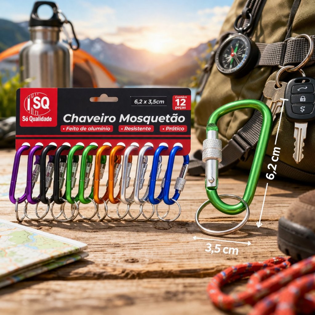 Kit 12 Mosquetão Colorido Chaveiro Alumínio com Trava Segurança Multiuso Camping Mochila Resistente
