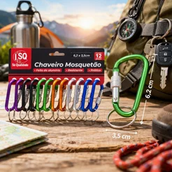 Kit 12 Mosquetão Colorido Chaveiro Alumínio com Trava Segurança Multiuso Camping Mochila Resistente