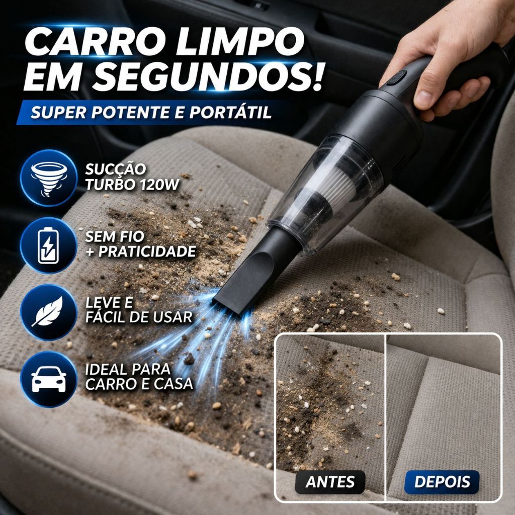 Aspirador Automotivo Portátil TurboVac X™ Sem Fio Recarregável Potente Bivolt