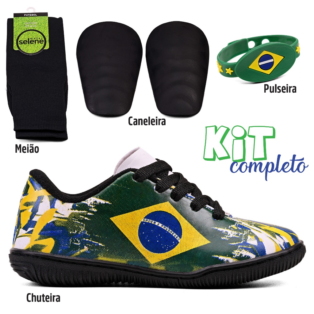Kit Brasil Copa Do Mundo Chuteira+Meião+Caneleira+Pulseira