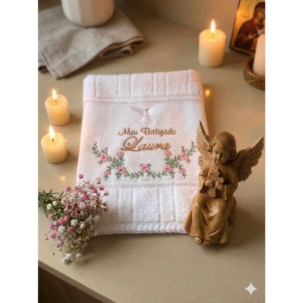 Toalha de Batizado Dohler Artesanalle Bordada Meu Batizado Espirito Santo  Floral Religioso Picueta