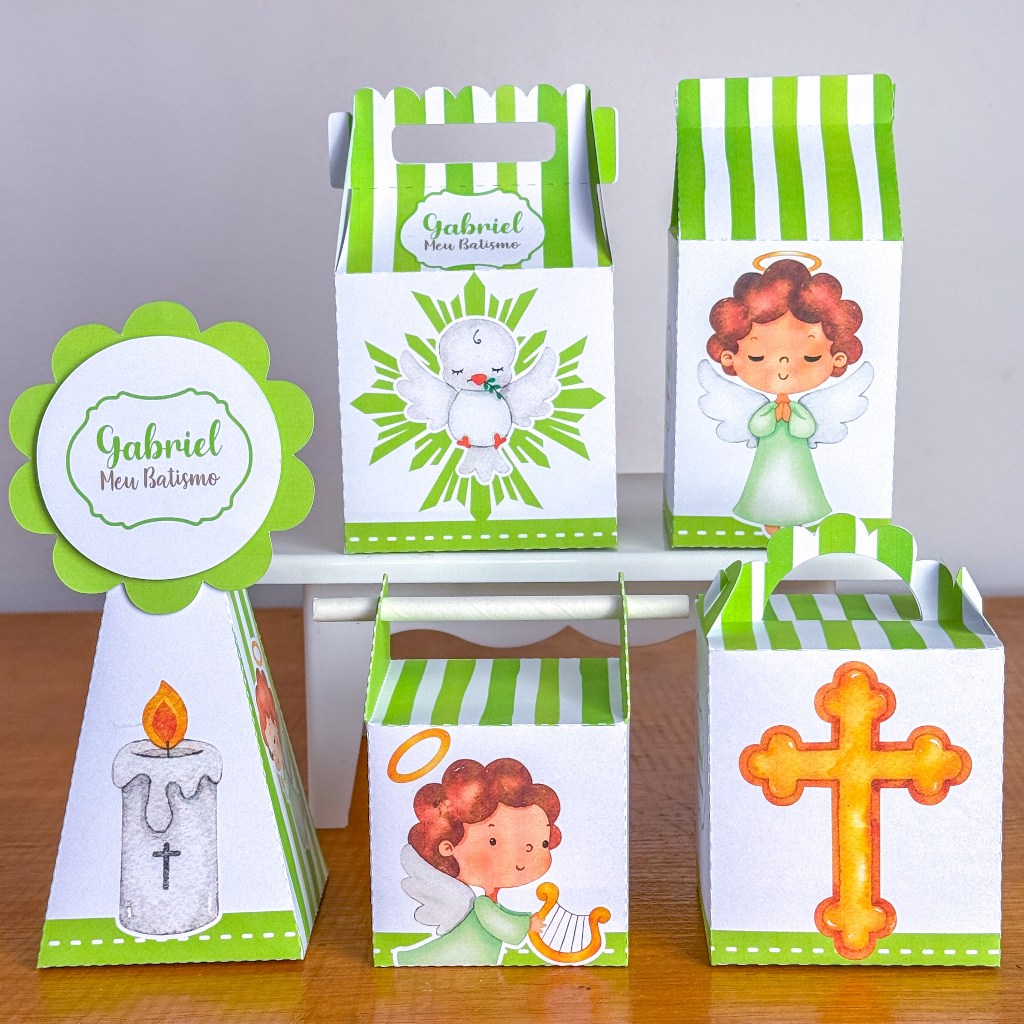 Kit Caixinhas Papelaria Personalizada Batizado Verde Lembrancinha Surpresa Aniversário Festa Infantil Desmontado