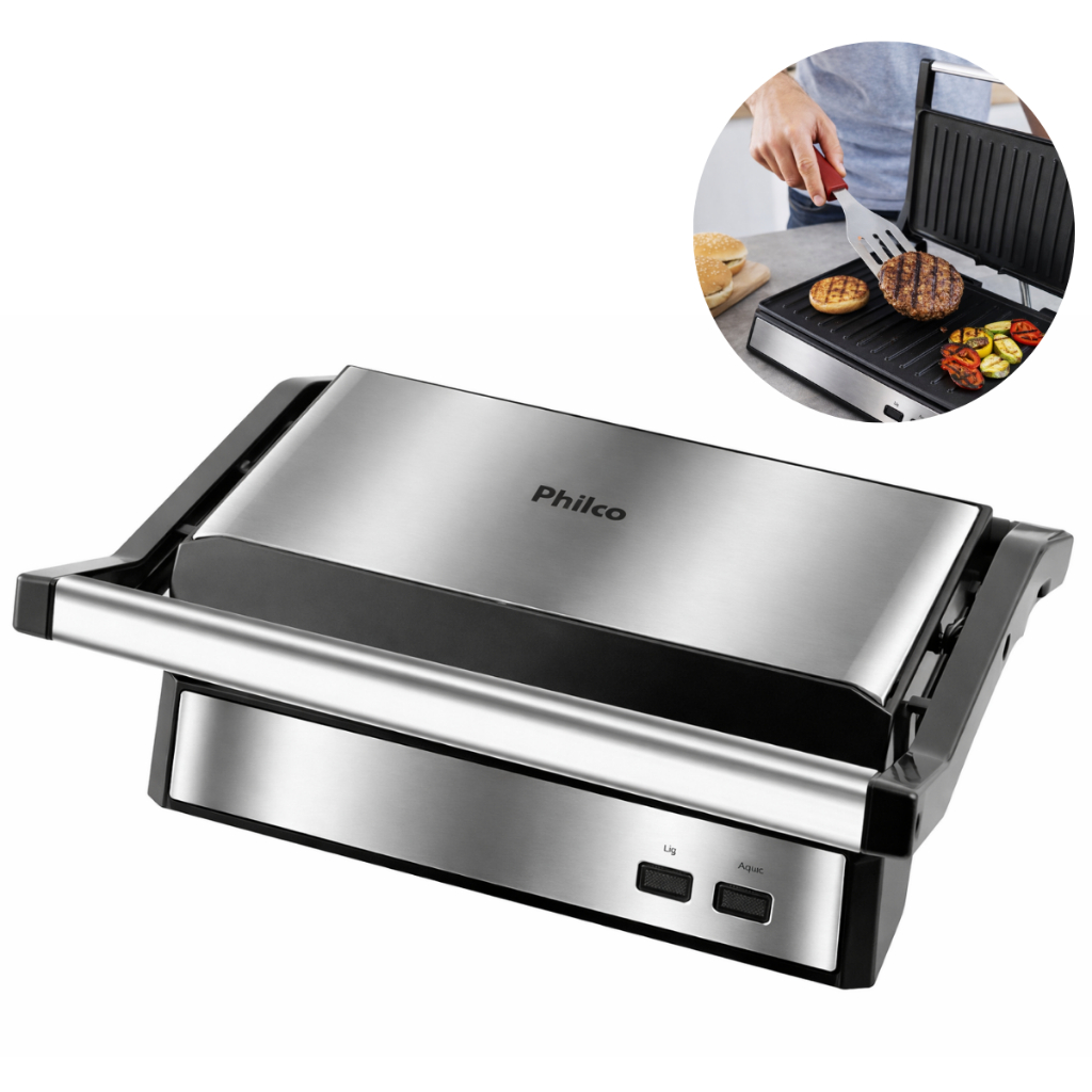 Grill Sanduicheira Elétrica Philco 2 em 1 1000W Antiaderente Abertura 180° Inox para Carnes Lanches