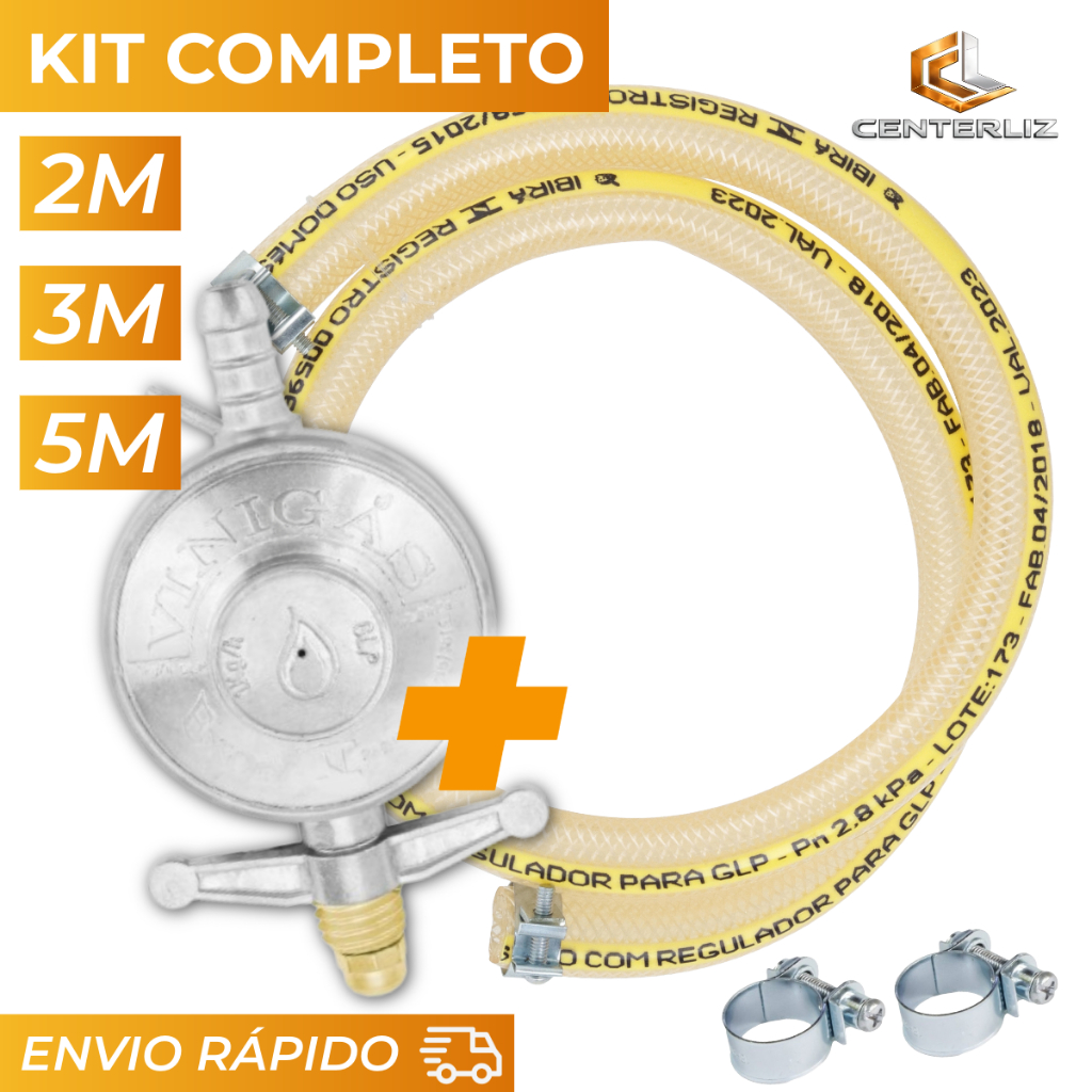 Kit Gás Mangueira 2, 3 ou 5 Metros 7K Multiuso Registro Regulador 2 Abraçadeiras  Botijão Fogão Glp