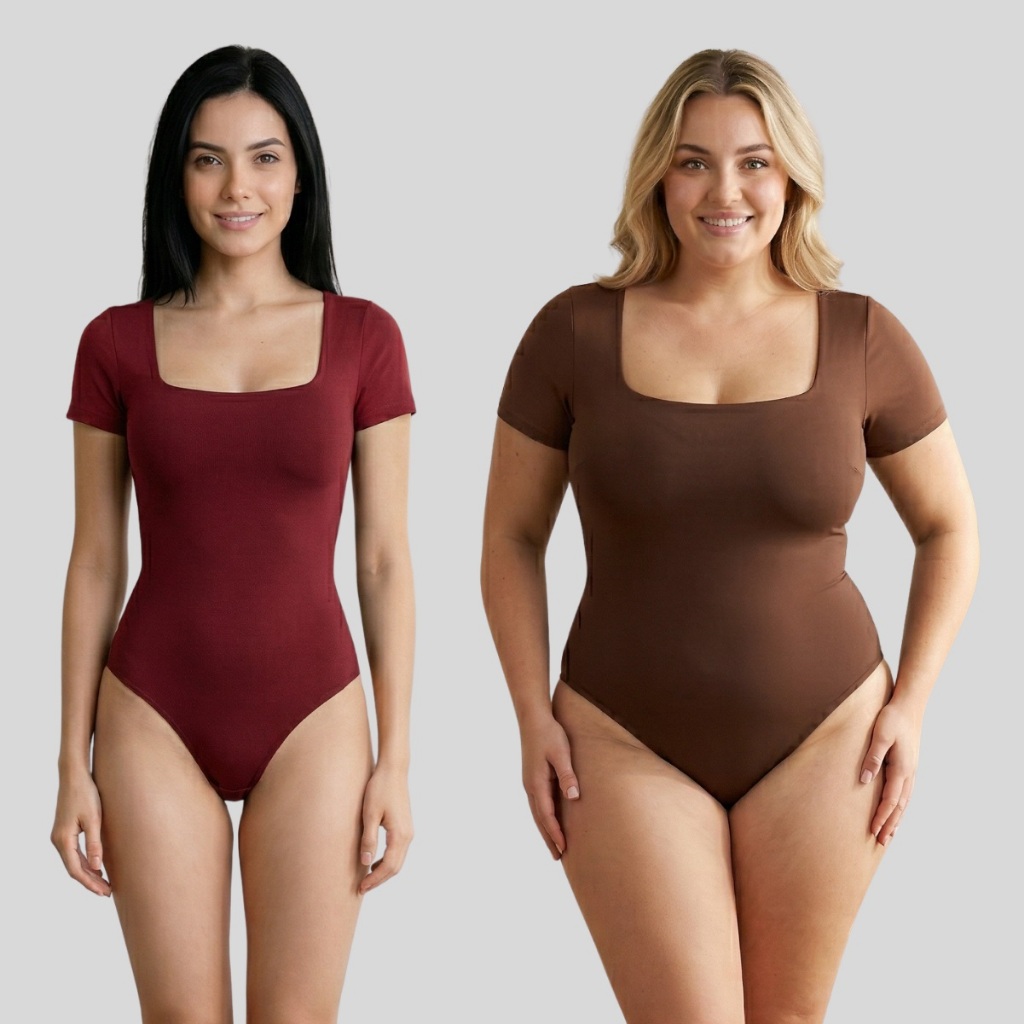 Body Feminino Manga Curta Decote Quadrado 36 ao 50 Plus Size Forro Duplo Segunda Pele Suplex Moda Tendência Blogueira