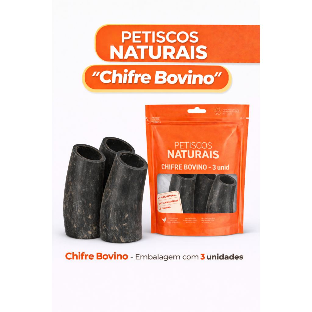 Petisco Chifre Bovino 100 % Natural Mordedor Natural Para Caes Anti Estresse Embalagem com 3 Unidade