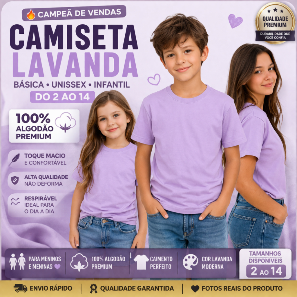 Camiseta Lavanda Unissex Infantil Juvenil T-Shirt Lilás Básica Lisa Oferta