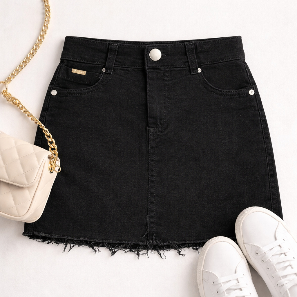 Saia Jeans e Sarja Básica Casual Preta Barra Desfiada Juvenil para Meninas