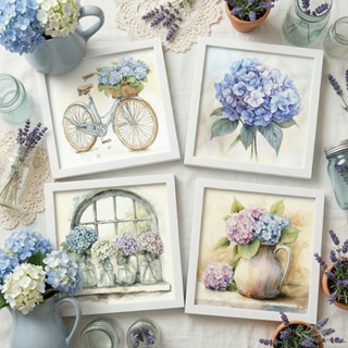 Kit 4 quadros 18x18 cm, banheiro, varanda, sala, coziha, flores hortênsias em Oferta na Shopee