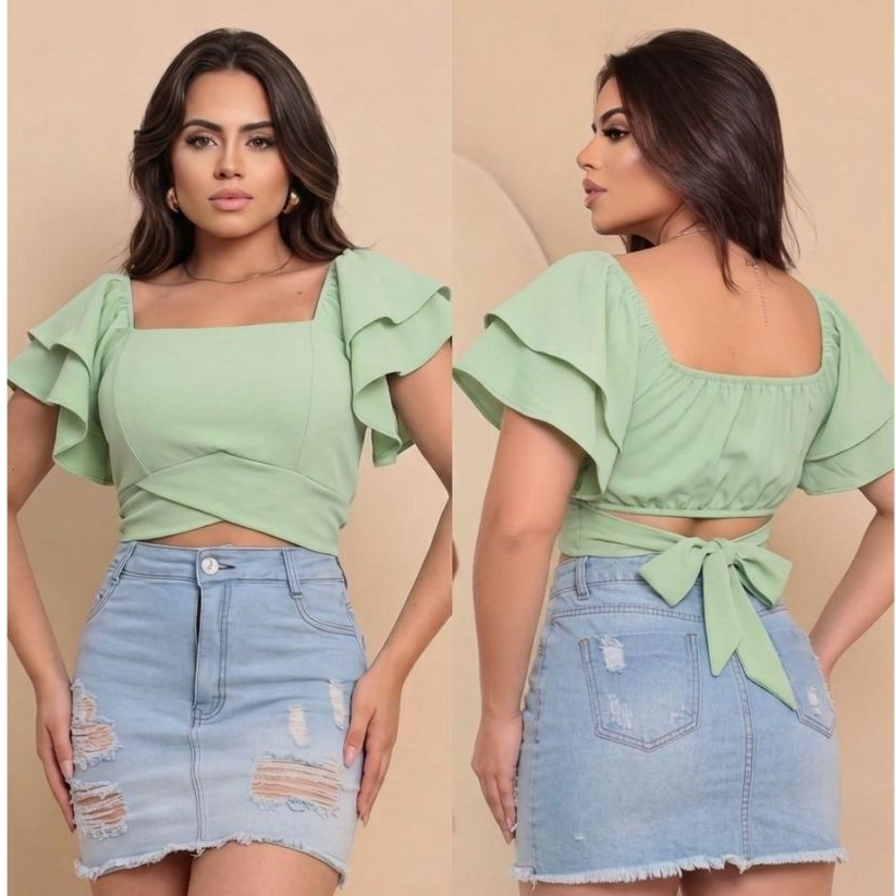 CROPPED  FEMININO MANGA 3/4 COM PALA E AMARRAÇÃO NAS COSTAS ALFALTARIA PREMIUM ELEGANTE  CASUAL  MODA VERÃO