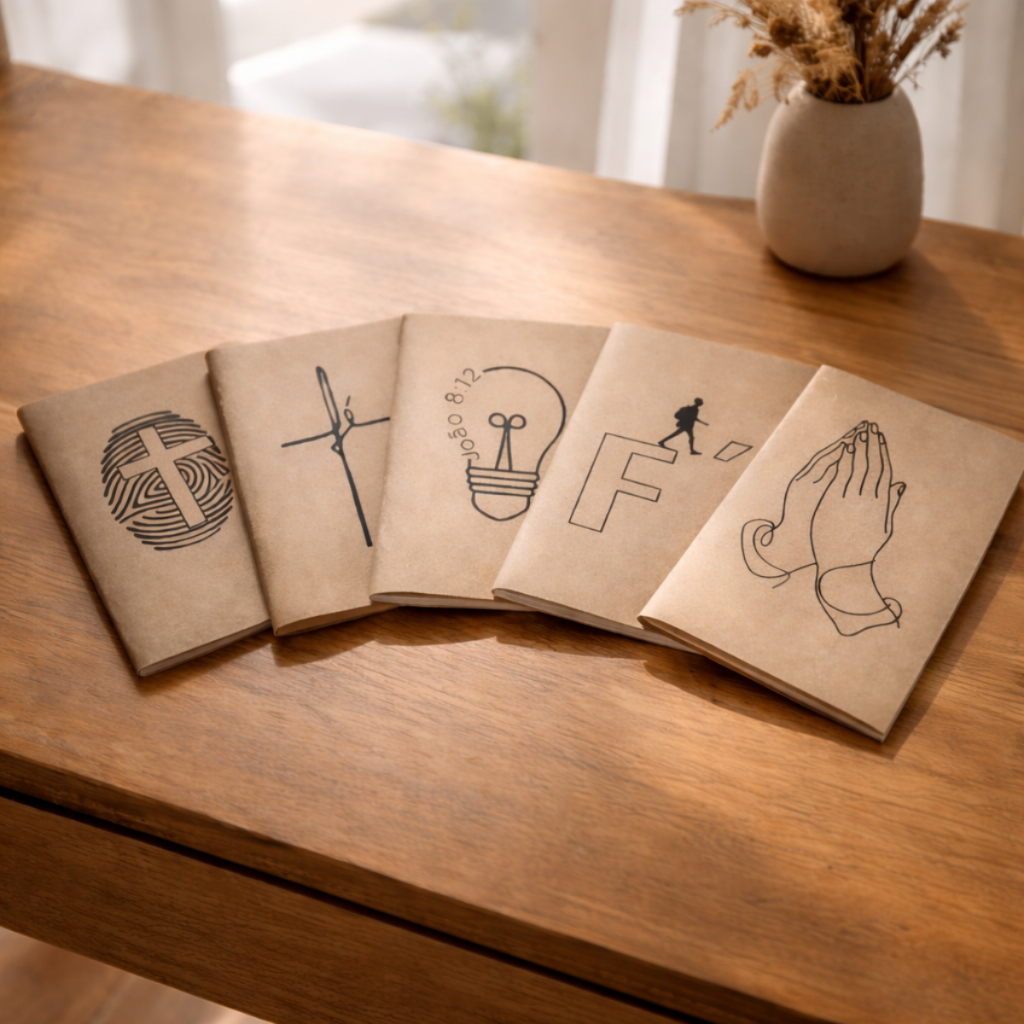 Kit 5 Cadernetas Devocionais Capa Kraft Marrom 40 Páginas Caderno Cristão Para Oração Estudo Bíblico Igreja Pequeno